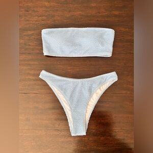 YIMISAN Amazon Blue Strapless Crinkle Textured Bandeau Bikini Set